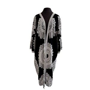 Black Embroidered Kimono Duster Open Front Size XL by Pinky